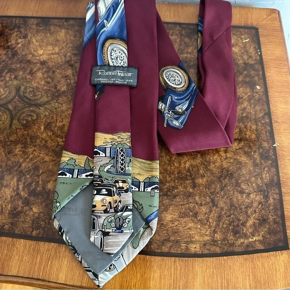 Robert Talbott Tie Jaguar Car Burgandy & Blue Silk Hand Sewn in USA 56” x 3.75”